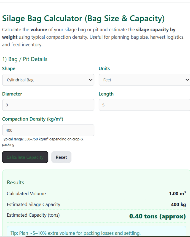 Silage Bag Calculator: Silage Bag & Bunker Estimate Tonnage, Volume & Storage Capacity Instantly Free 2 Silage Bag Calculator