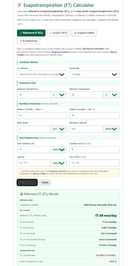 Evapotranspiration (ET) Calculator: Calculate Daily Crop Water Loss & Irrigation Need Using ETo Method Free 2 Evapotranspiration