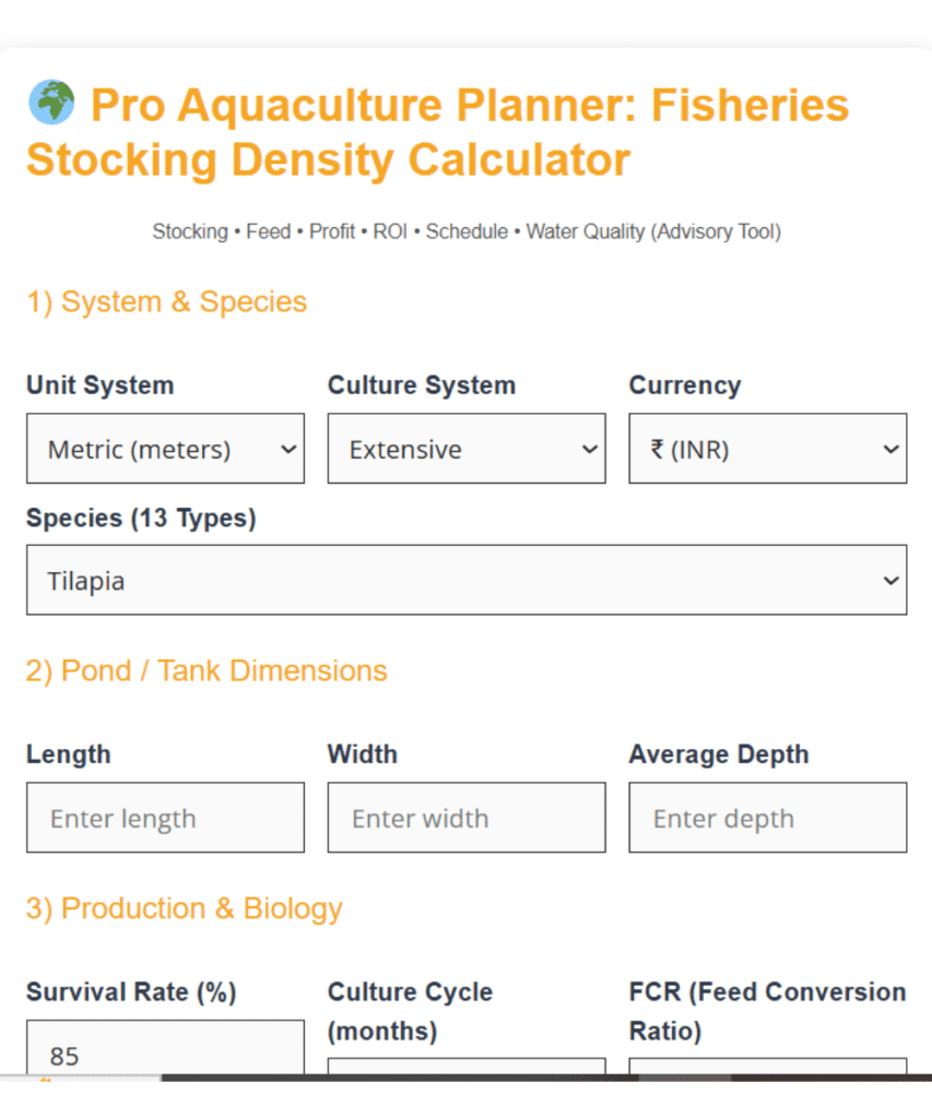 Fisheries Stocking Density Calculator: How Many Fish Per pond? Calculate Feed, Profit & Water Quality Free 2 Fisheries Stocking Density