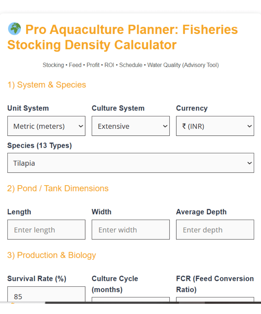 Fisheries Stocking Density Calculator: How Many Fish Per pond? Calculate Feed, Profit & Water Quality Free 1 Fisheries Stocking Density