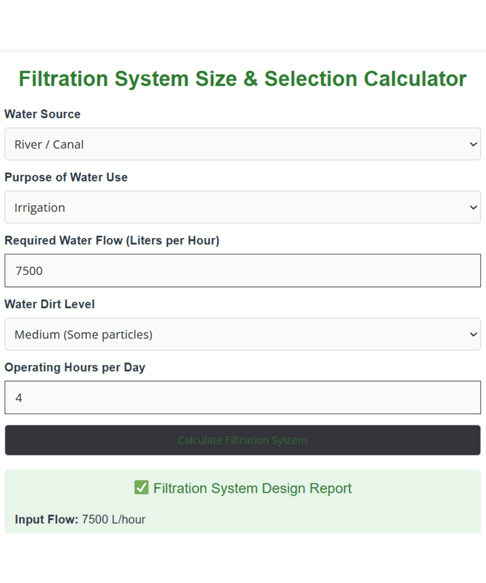 Farm Water Filtration System Size Calculator: Choose the Right Filter Size & Type for Drip Irrigation & Sprinklers Free 1 Filtration System Size