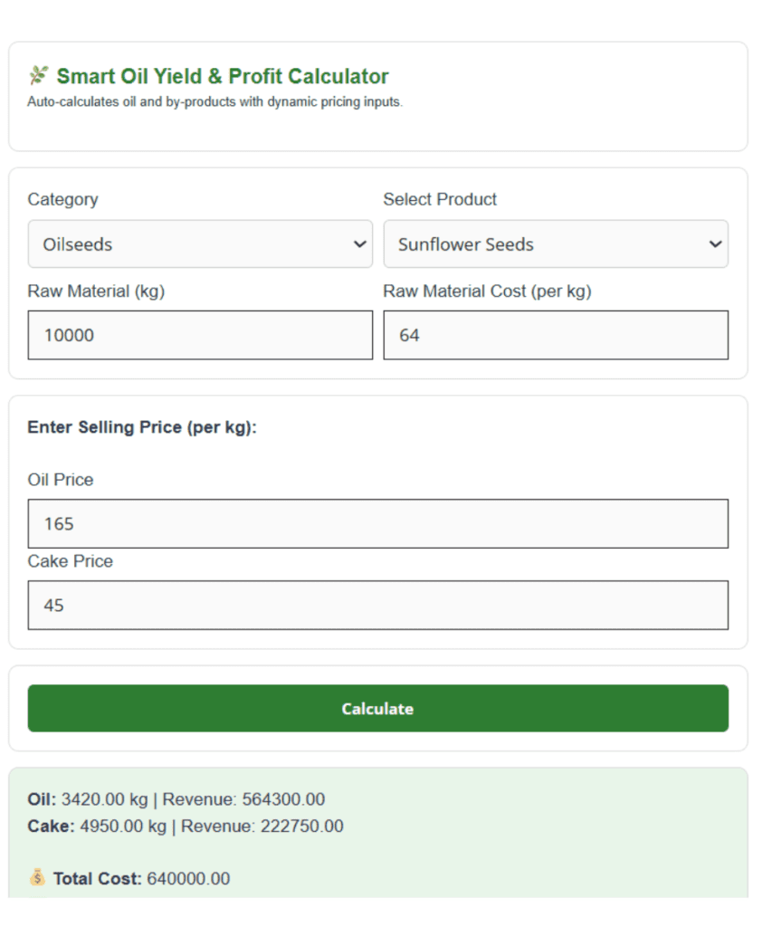 Smart Oil Yield Calculator: Calculate Oil Output, By-Product for 31 Oilseeds, Nuts, Fruits, and Herbal Crops 2 Oil Yield Calculator
