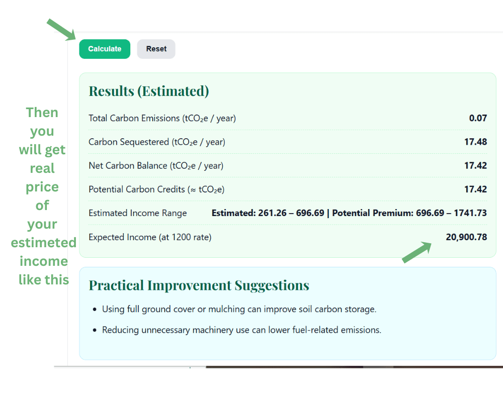 Agroforestry Carbon Credit Calculator: Tree & Orchard Income Estimator for free 3 Agroforestry Carbon Credit Calculator