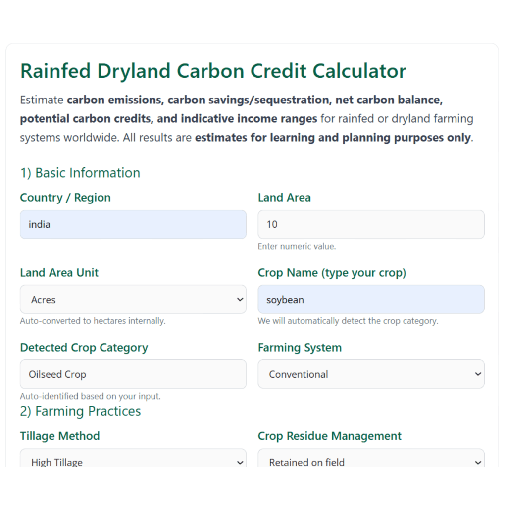Dryland Carbon Credit Calculator: Rainfed Farming Emissions & Income Tool 2 Dryland Carbon Credit