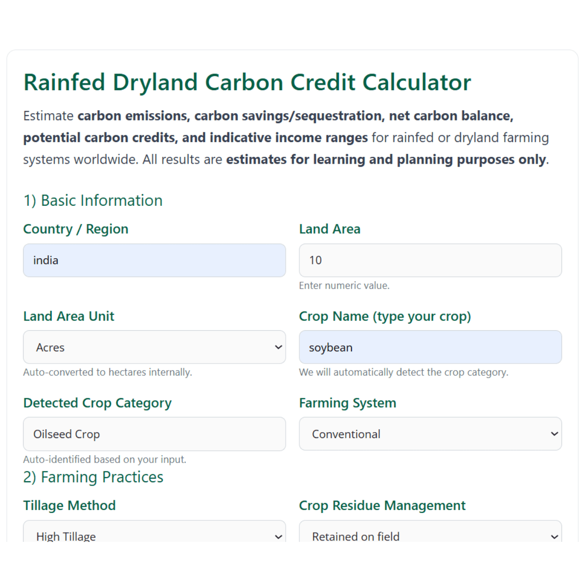 Dryland Carbon Credit Calculator: Rainfed Farming Emissions & Income Tool 1 Dryland Carbon Credit