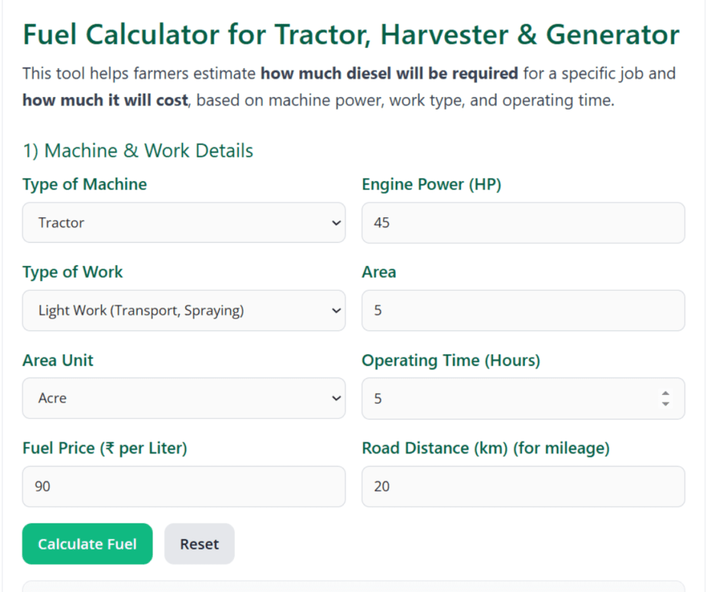 Tractor Fuel Calculator (Per Km/Acre): Diesel Consumption for Farming Vehicles & Harvester 2 Fuel Calculator