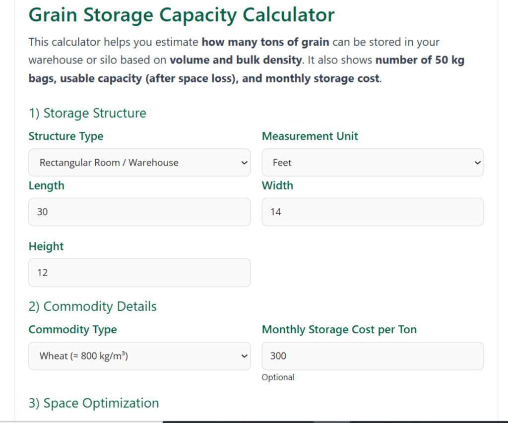 Grains Storage Capacity Calculator – m3 to Tons, Warehouse & Cold Storage 2 Storage Capacity Calculator