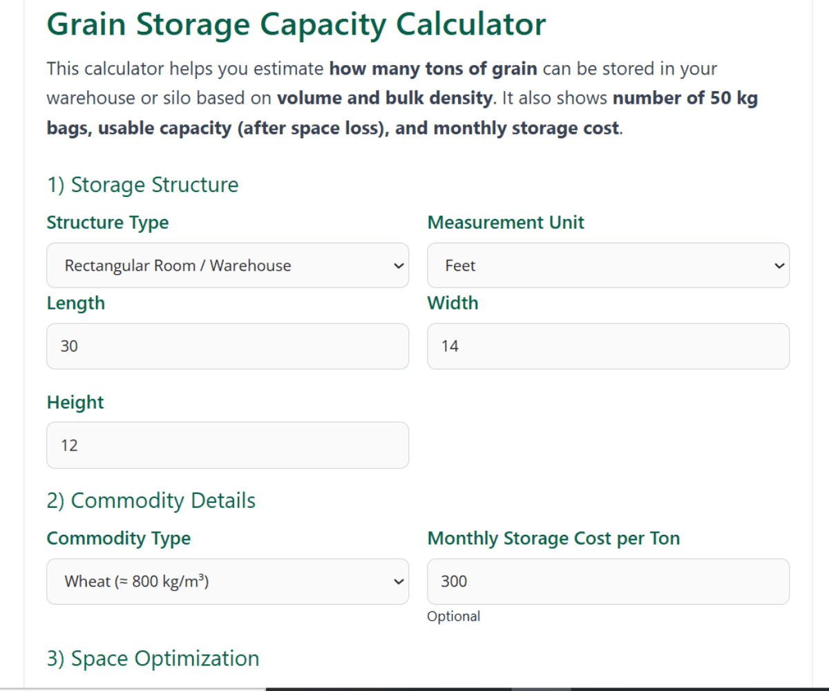 Grains Storage Capacity Calculator – m3 to Tons, Warehouse & Cold Storage 1 Storage Capacity Calculator