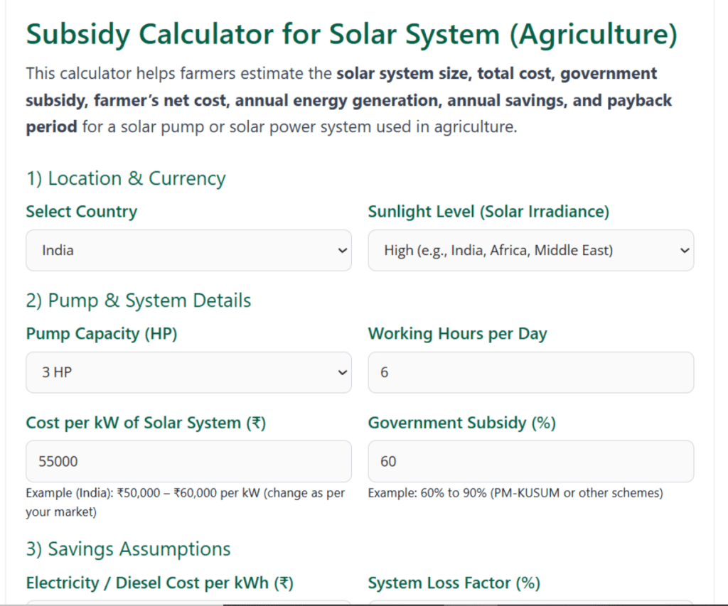 Solar System Subsidy Calculator: Estimate government subsidy, farmer contribution. 2 Solar System